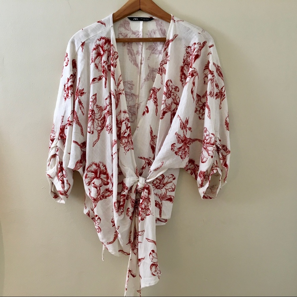 Zara Red and White Floral Linen Wrap Top Large